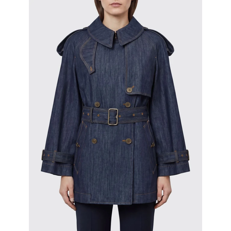 Short Double-Breasted Denim Trench Coat with Epaulettes (8126364)