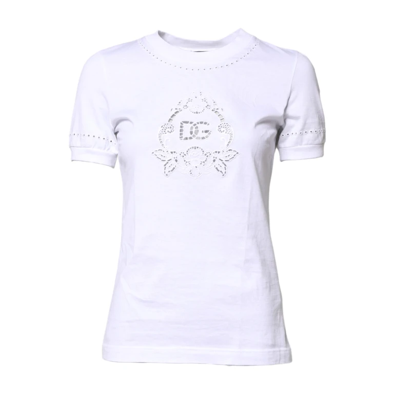 Dolce & Gabbana White Cotton Floral Logo Crew Neck T-Shirt - Women