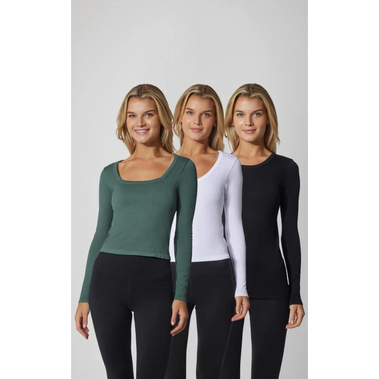 3 PK Ribbed Seamless Crew Neck, Scoop Neck and Square Neck Long Sleeve Top