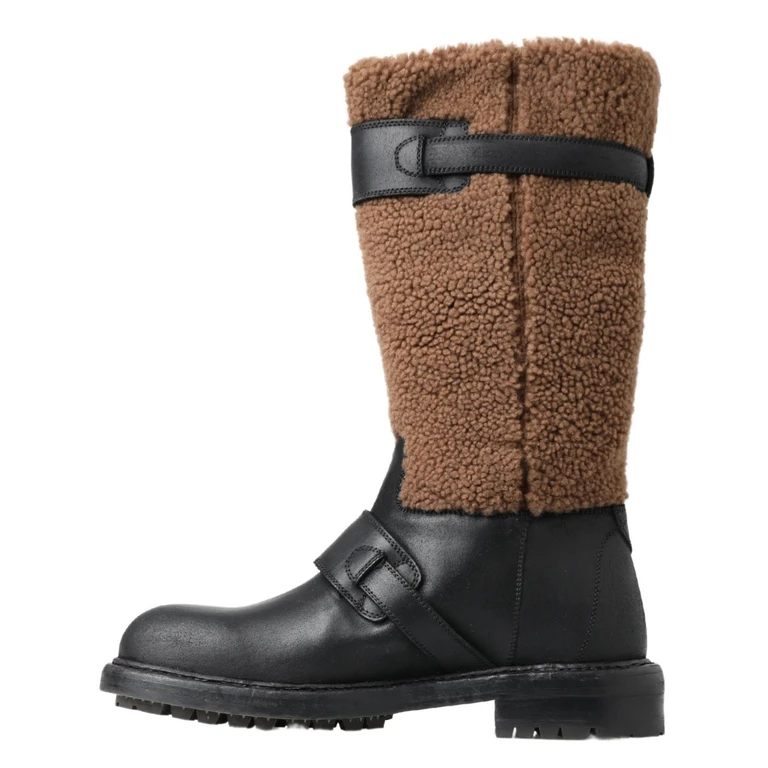 Dolce & Gabbana Black Leather Brown Shearling Boots Elastane - Men