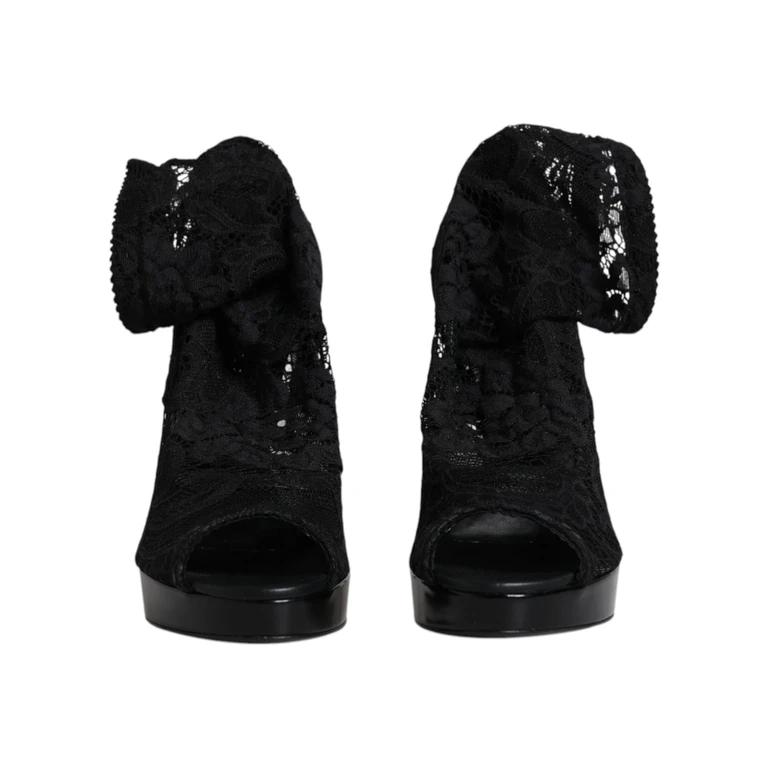 Dolce & Gabbana Black Stretch Taormina Lace Boots Shoes Nylon Viscose Elastane Silk - Women
