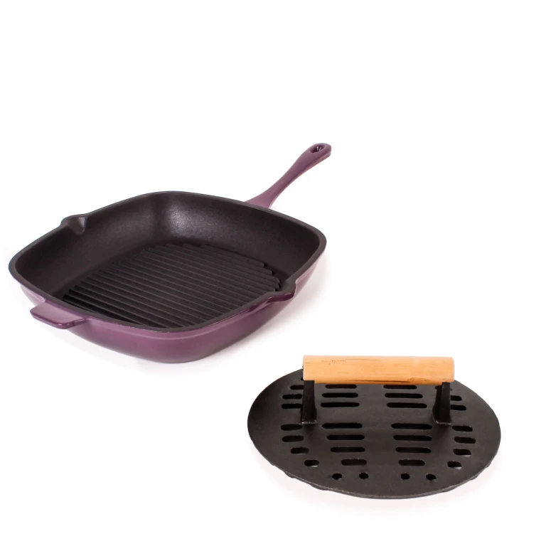 Neo 2pc Cast Iron 11" Grill Pan with Slotted Steak Press, Purple