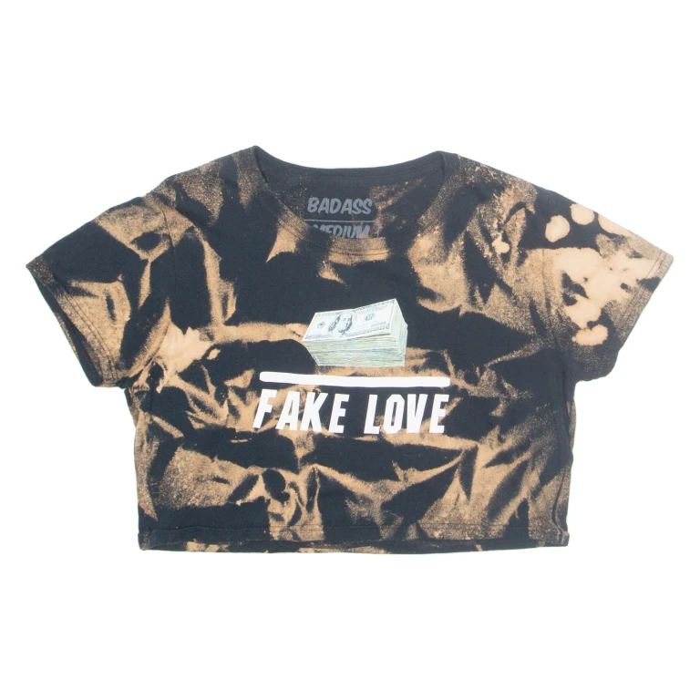 BADASS Acid Wash Fake Love Money Cropped Womens T-Shirt Black M