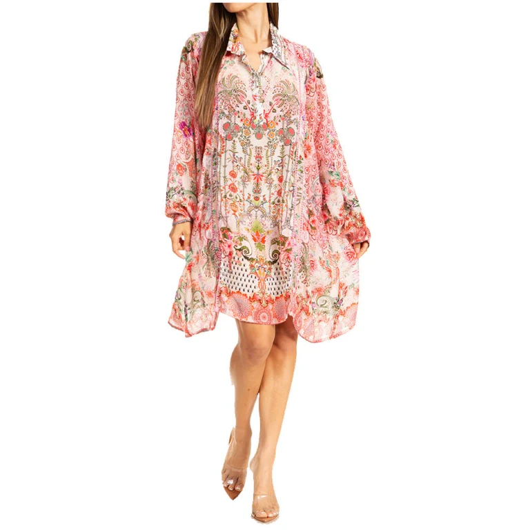 Sakkas Womens Long Sleeves Collared Neck Spring/Summer Short Shirt Dress/Cover-up
