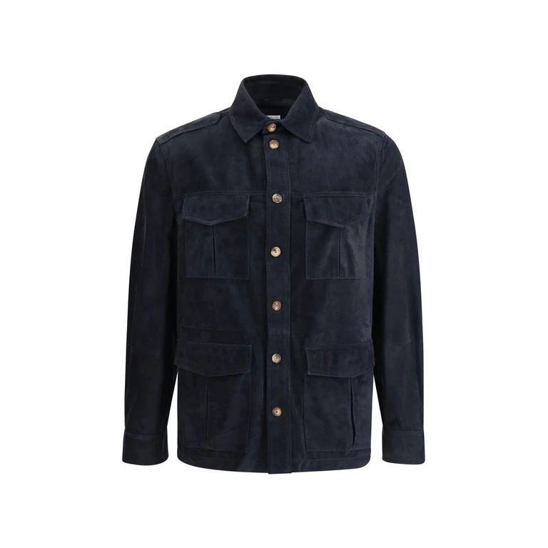 Brunello Cucinelli Suede Leather Shirt Jacket Blue - Men
