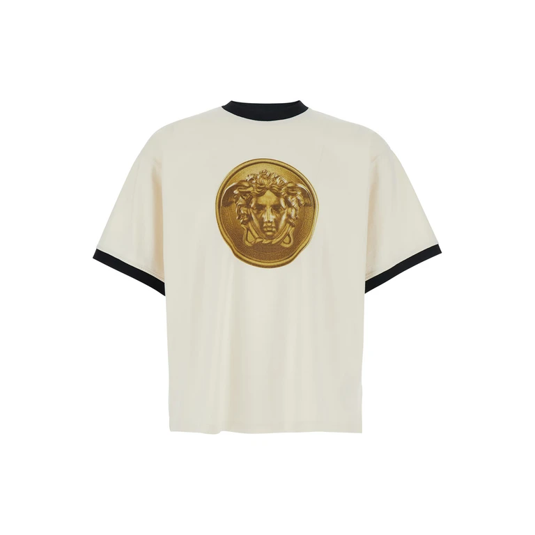 Versace White T-Shirt With Mudusa Doblone Print On The Front Cotton For Men Tshirts And Polo Shirts - Men