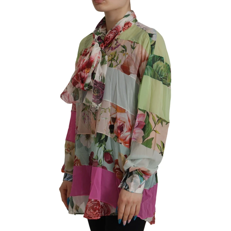 Dolce & Gabbana Multicolor Floral Patchwork Design Ascot Collar Top Blouse Silk - Women