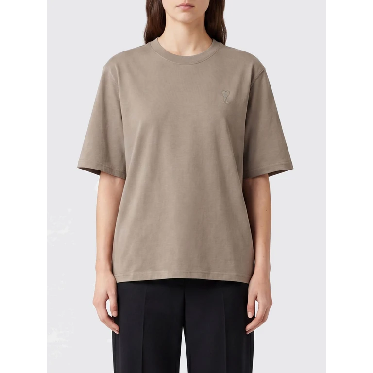 Beige Cotton T-shirt with Crew Neck and Dropped Shoulders (UTS341726A036)