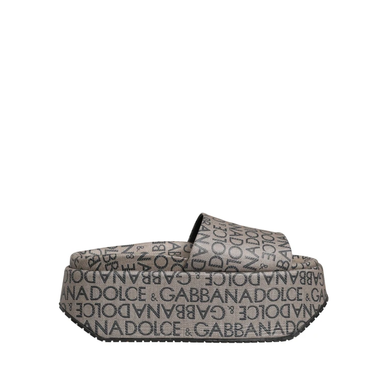 Dolce & Gabbana Gray Leather Monogram Logo Sandals Shoes - Men