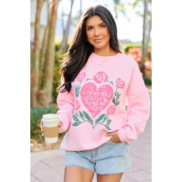 Coffee & My Best Light Pink Graphic Sweatshirt