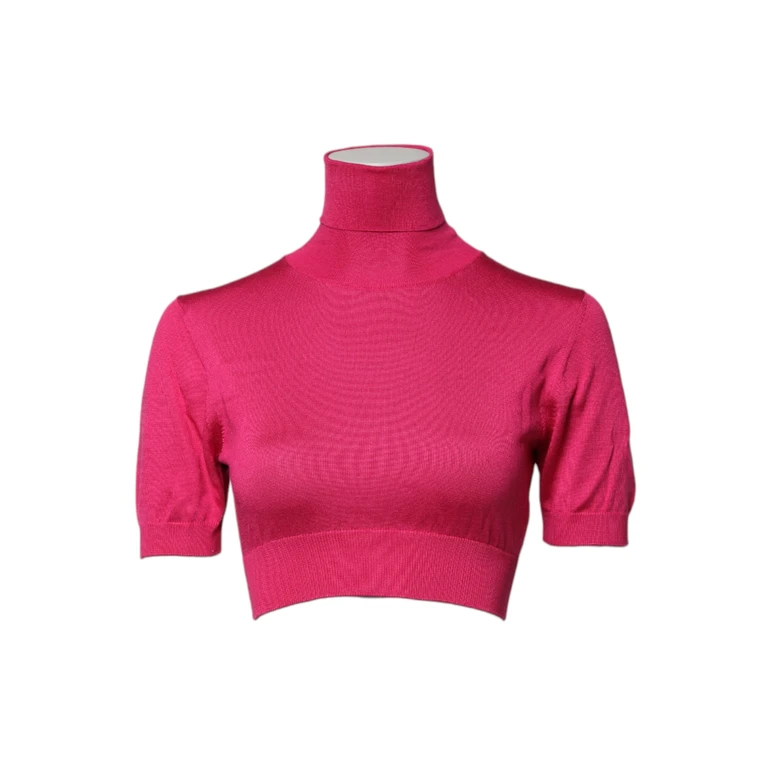 Dolce & Gabbana Pink Silk Knitted Turtleneck Cropped Top - Women