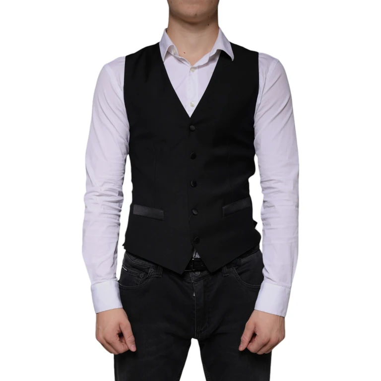 Dolce & Gabbana Black Wool Waistcoat Dress Formal Vest Virgin Polyester Silk - Men