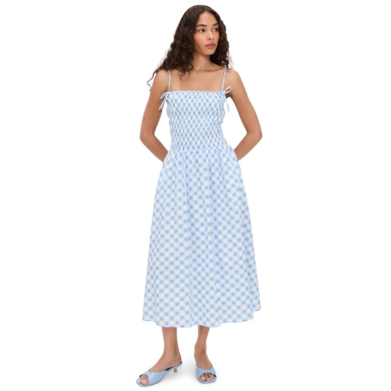 English Factory Checked Smocked Midi Dress Powder Blue M