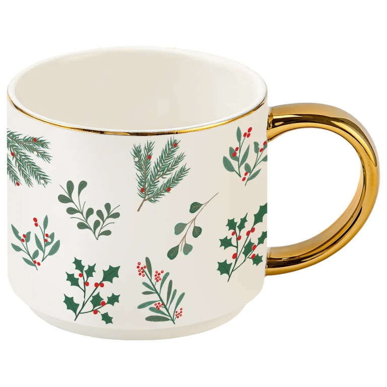 Holiday Greenery 14 oz Gold Handle Coffee Mug