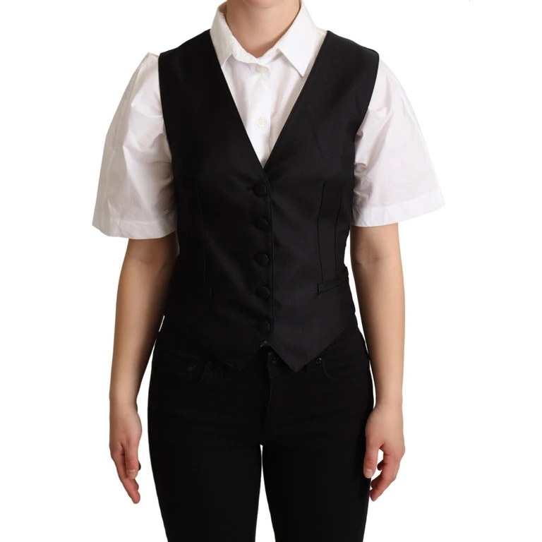 Dolce & Gabbana Solid Black Silk Sleeveless Waistcoat Vest Top Polyester Elastane - Women