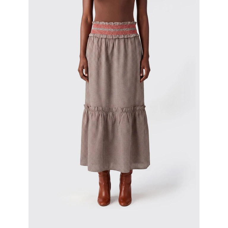 Check Cotton Midi Skirt with Ruffles and Flounces (A1090251979)