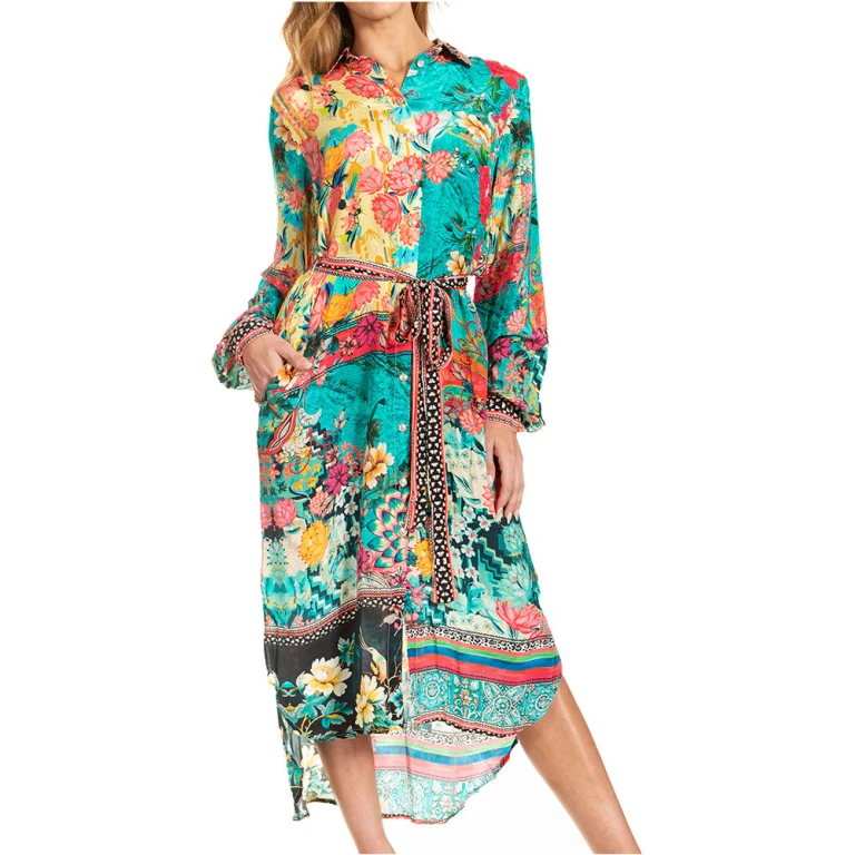 Sakkas Rina Women's Floral Print Maxi Dress with Long Sleeves and Flounce Shirt Design