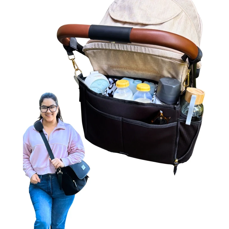 Sarah Wells Deluxe Stroller Caddy Organizer - Insulated, Machine-Washable with Crossbody Strap, Storage Pockets & Luggage Sleeve