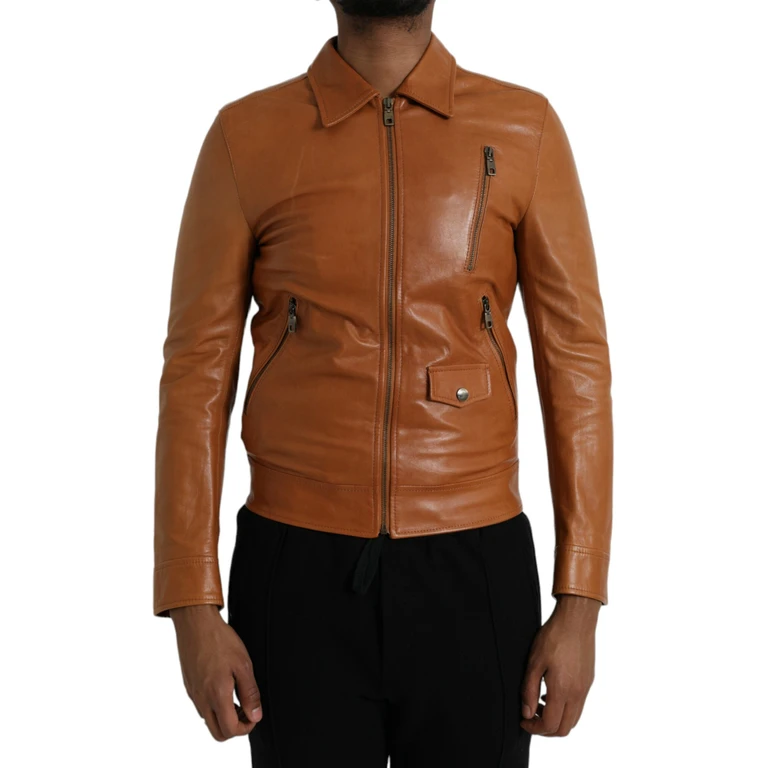 Brown Lamb Leather Full Zip Blouson Jacket Clothing - Men