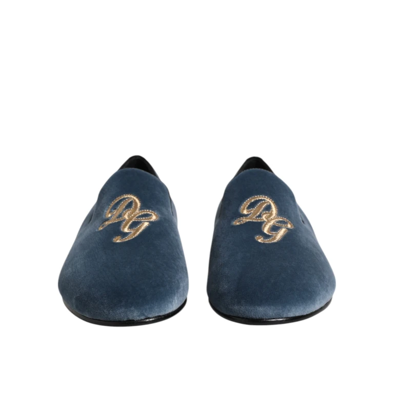 Dolce & Gabbana Blue Velvet Dg Logo Loafers Formal Shoes Leather - Men