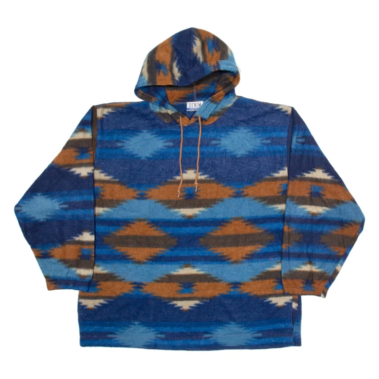 DENIM EXPRESS Hooded Mens Patterned Fleece Blue Colourblock V-Neck Tight Knit XL