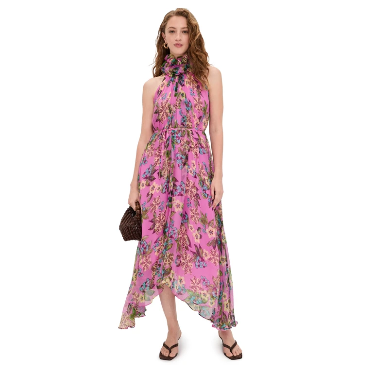 SALONI Iris Silk Ruffle Dress Fiori Peony 0