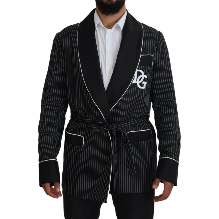 Dolce & Gabbana Black Robe Striped Dg Patch Jacket Men Blazer And White Polyester Silk Clothing - Men