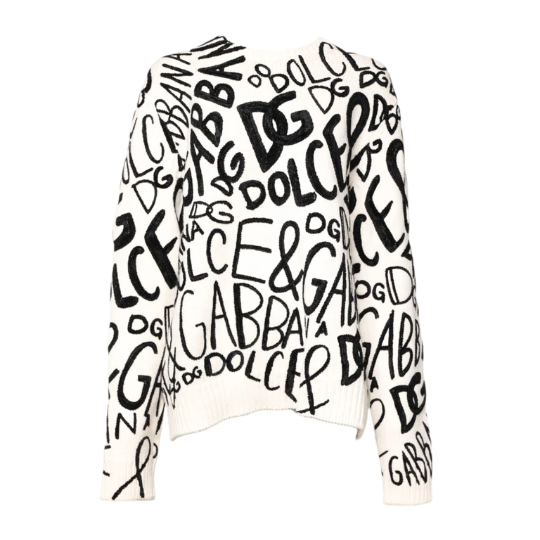 Dolce & Gabbana White Black Logo Print Women Pullover Sweater And Cashmere Viscose Wool Clothing - Women