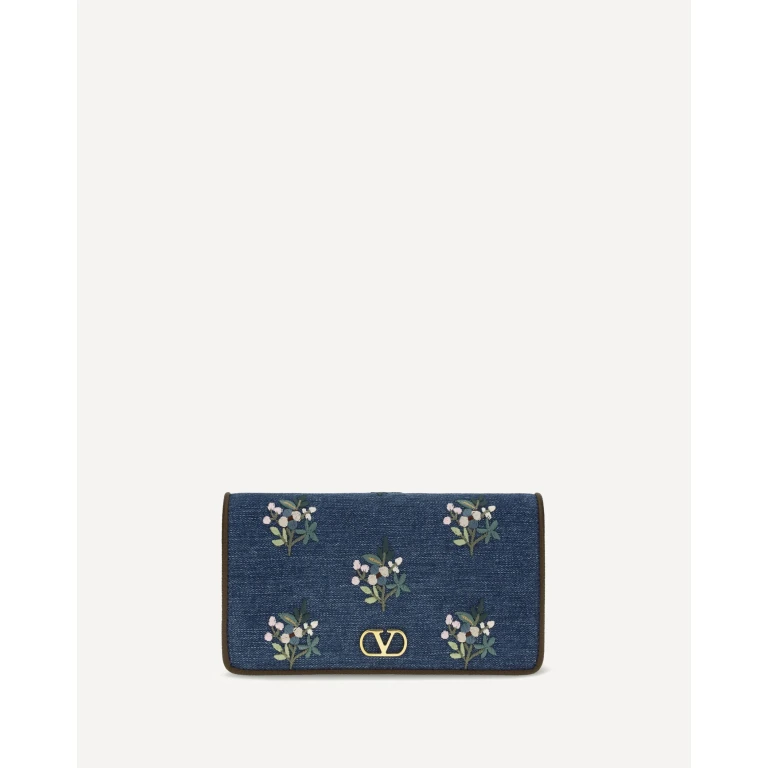 Mini VLogo Signature Shoulder Bag in denim with floral embroidery Female UNI