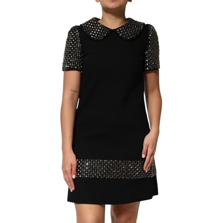 Dolce & Gabbana Black Crystal Embellished Collared Mini Dress Virgin Wool - Women