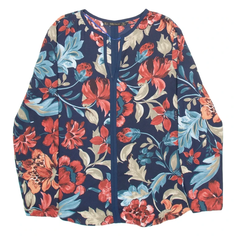 ZARA Womens Printed Blouse Blue V-Neck Long Sleeve Viscose Floral S