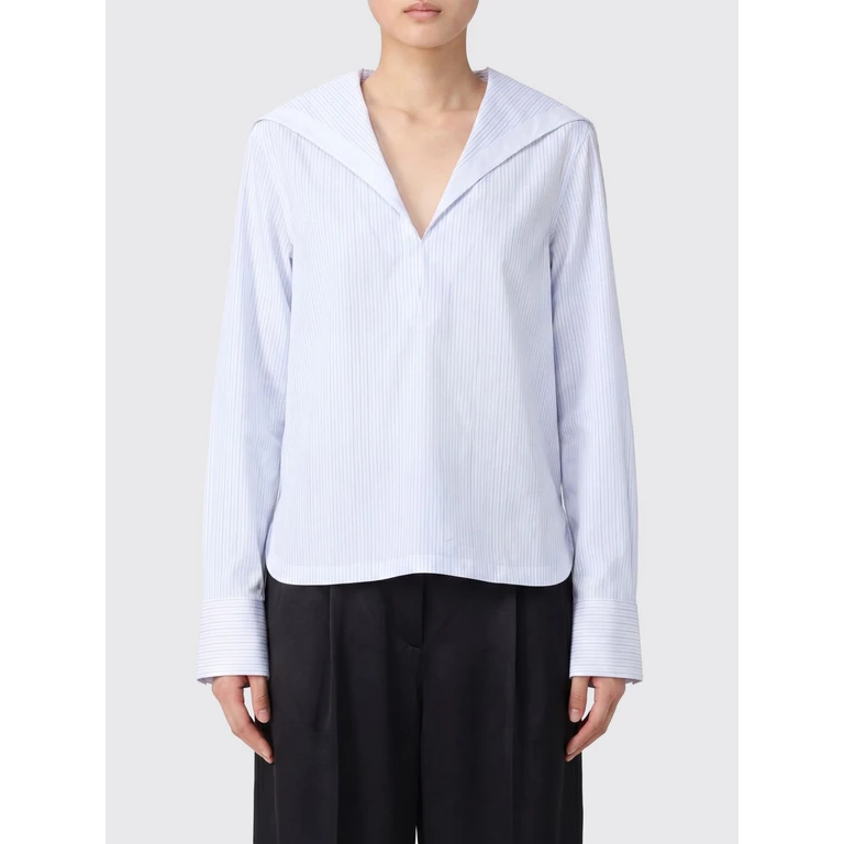 ALAÏA Striped Cotton Poplin Hooded Shirt with V-Neck (AA9C1004W124C031)