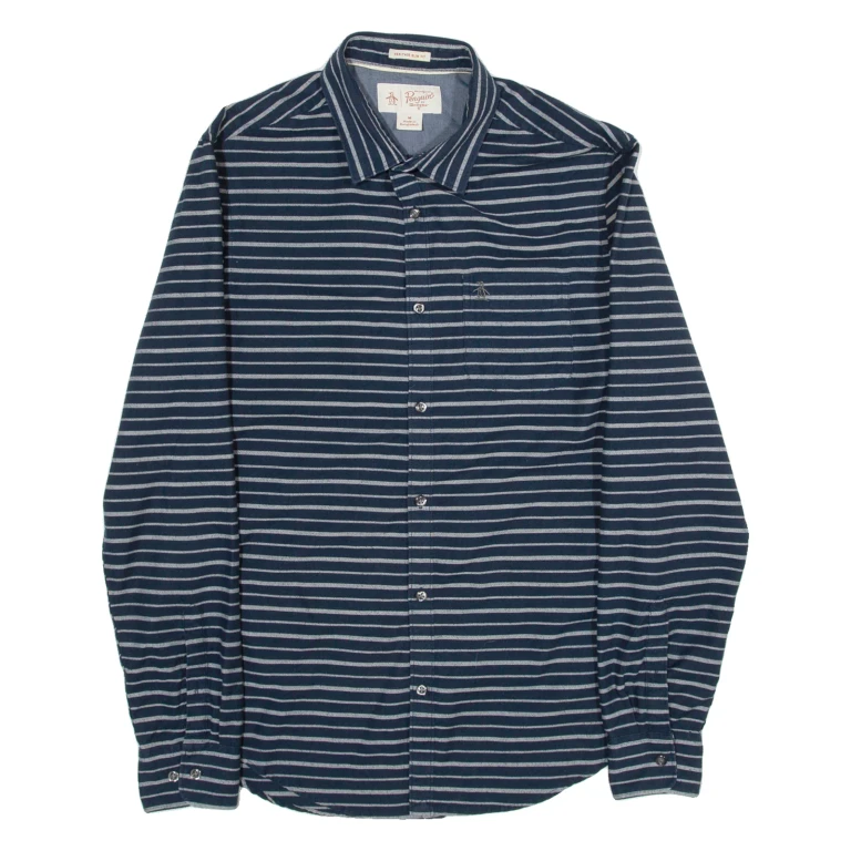 PENGUIN Heritage Slim Fit Mens Shirt Blue Striped Long Sleeve M