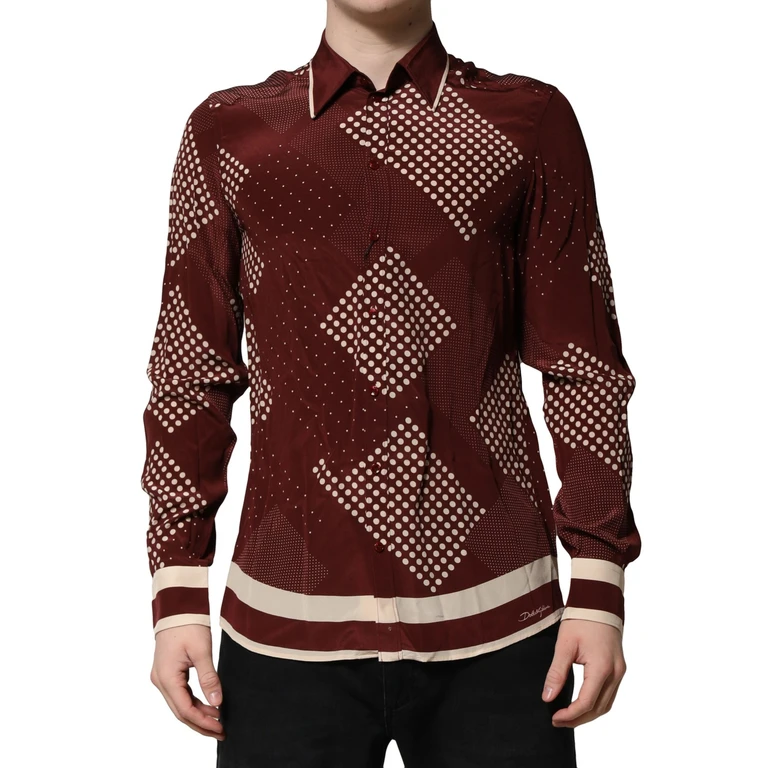 Dolce & Gabbana Maroon Dotted Silk Long Sleeve Casual Shirt - Men