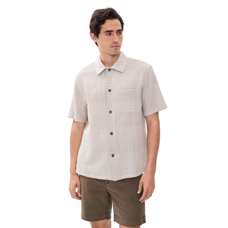 Theory Short Sleeve Shirt in Mini Textured Check Morel Multi S