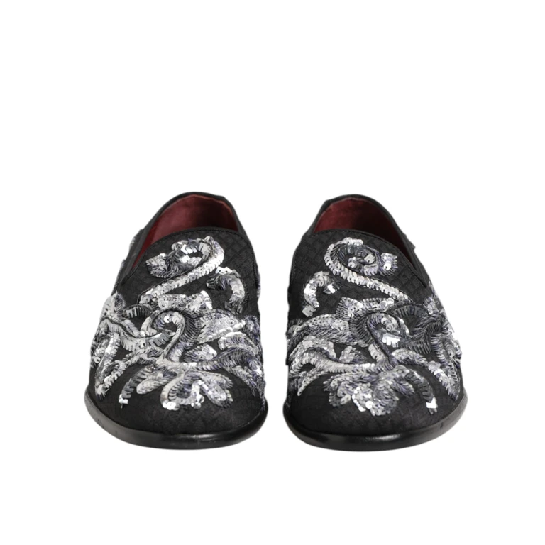 Dolce & Gabbana Black Silver Sequined Loafers Men Dress Shoes Co+pl+vi - Men