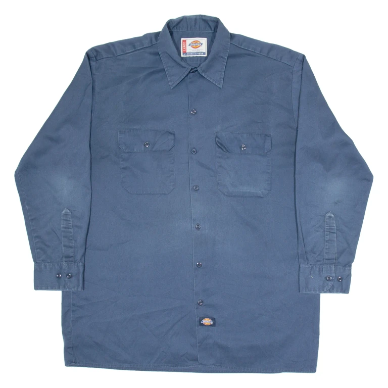 DICKIES Workwear Mens Plain Shirt Blue Long Sleeve L