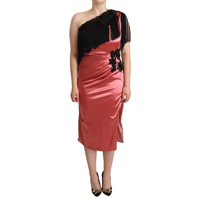 Pink One-Shoulder Silk Tassel Fringe Gown Mid Dress - Women