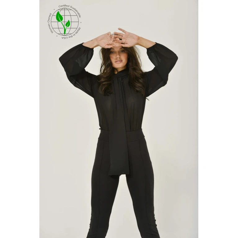 Black Long Sleeve Mandarin Blouse w/ Removable Bow