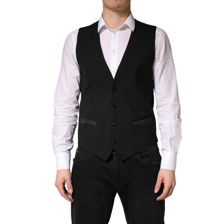 Dolce & Gabbana Black Wool Dress Men Formal Waistcoat Vest - Men