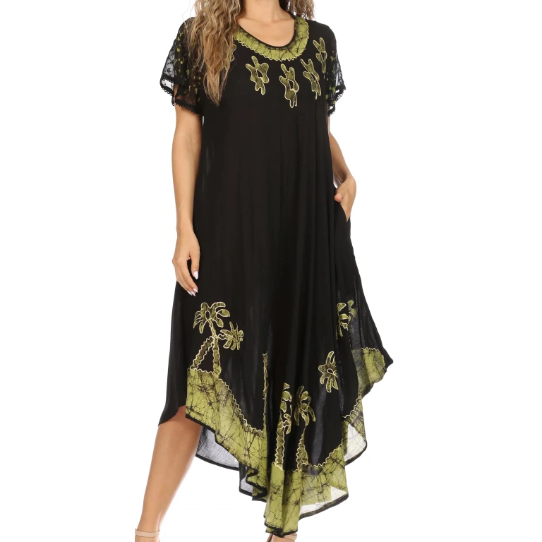 Sakkas Batik Palm Tree Cap Sleeve Caftan Dress / Cover Up