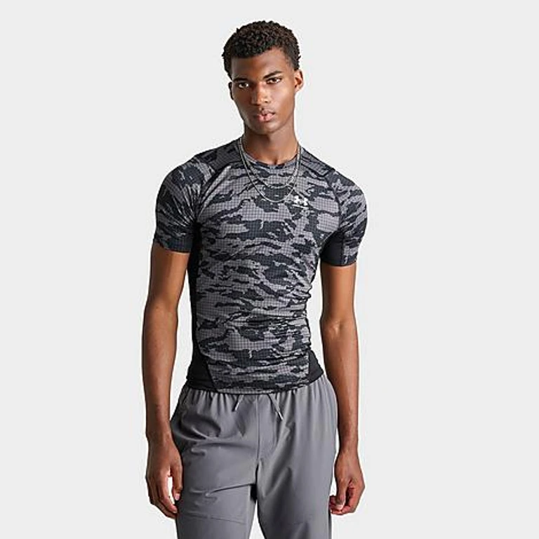 Under Armour Men's HeatGear Printed Training Top in Black/Castlerock/White Size: Small