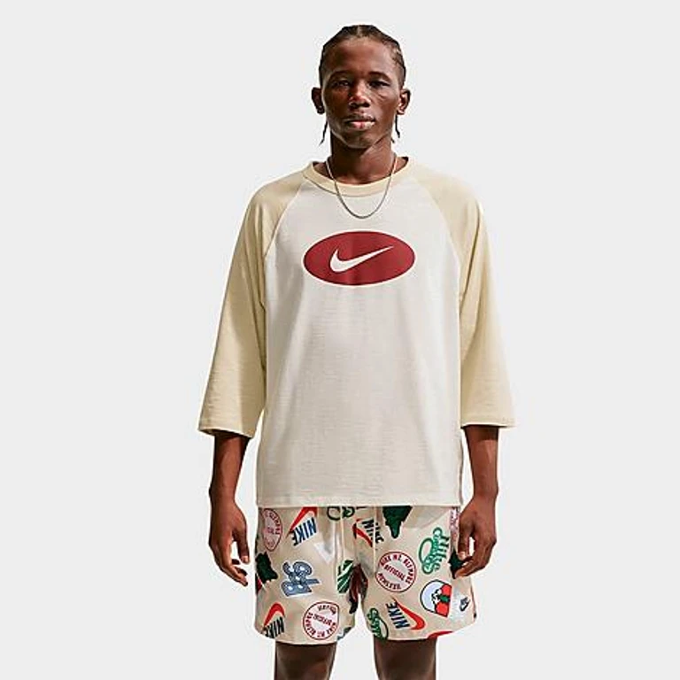 Nike Men's Club Three Quarter Sleeve Raglan Top in Light Khaki/Sail/Team Crimson Size: XS