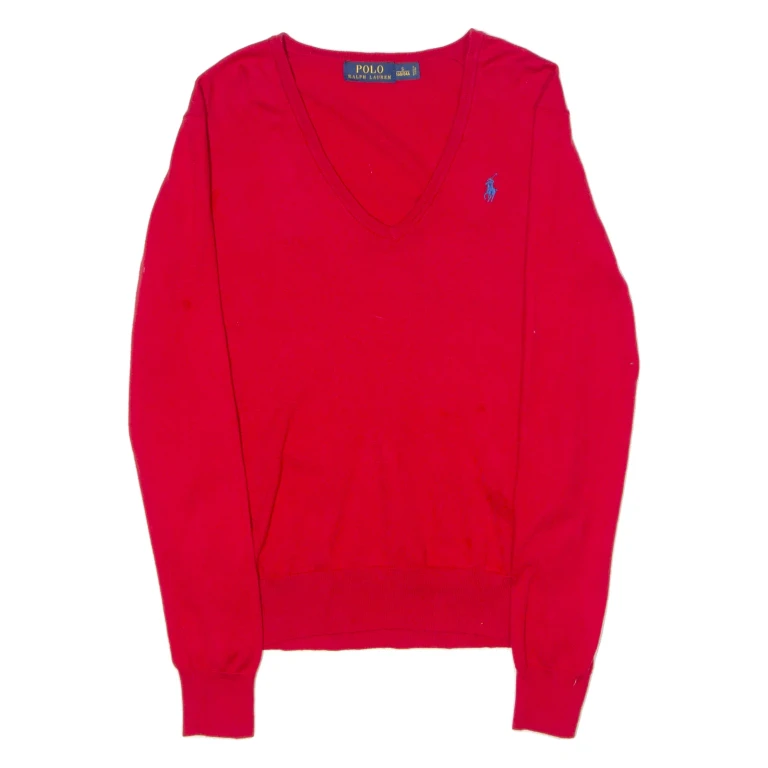 POLO RALPH LAUREN Mens Jumper Red V-Neck Tight Knit S