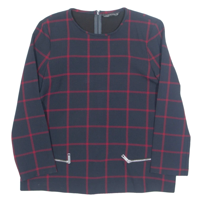 ZARA Womens Printed Top Blue Long Sleeve Check L