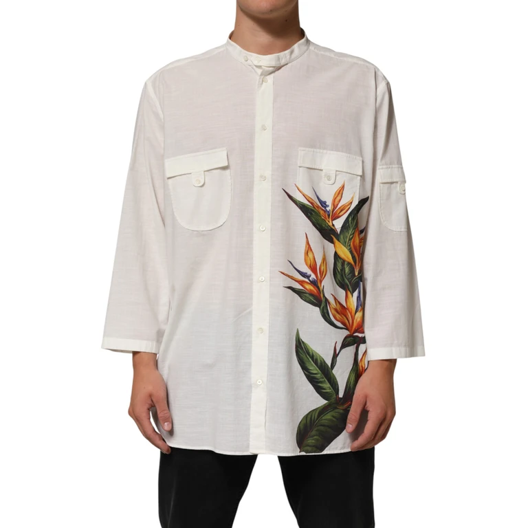 Dolce & Gabbana White Cotton Floral Print Button Down Shirt - Men