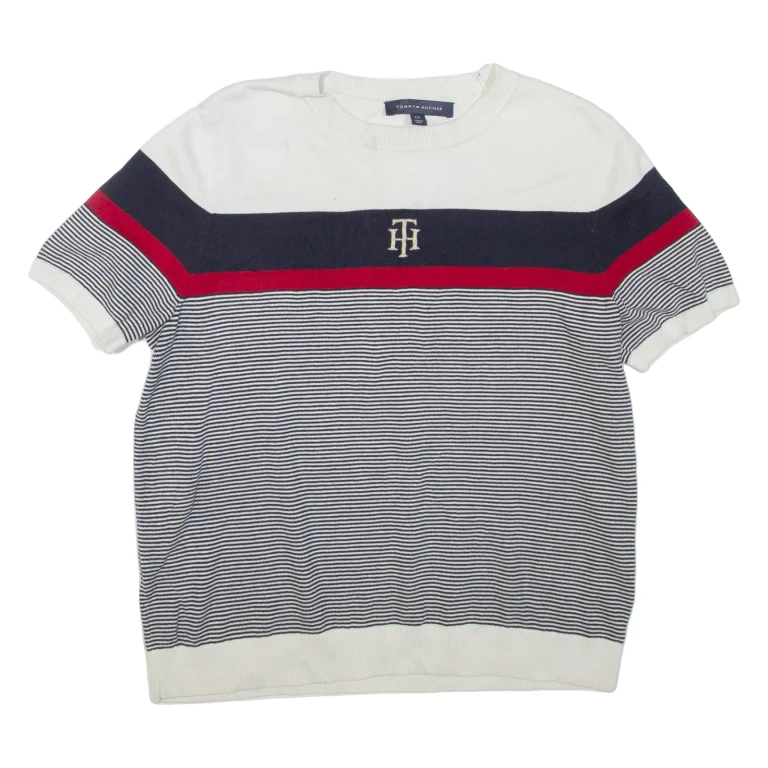 TOMMY HILFIGER Womens Patterned Jumper Blue Striped Tight Knit Short Sleeve L