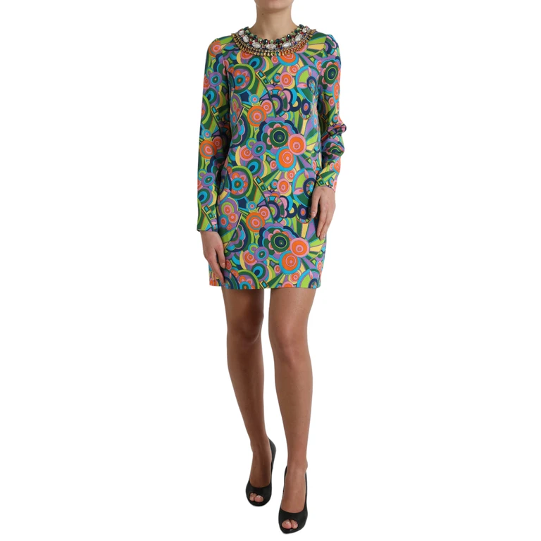 Multicolor Geometric Print Silk Crystals Midi Dress Elastane - Women