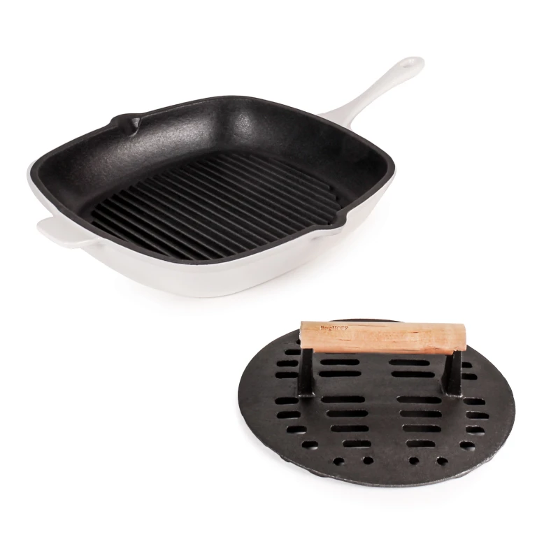 Neo 2pc Cast Iron 11" Grill Pan with Slotted Steak Press, White