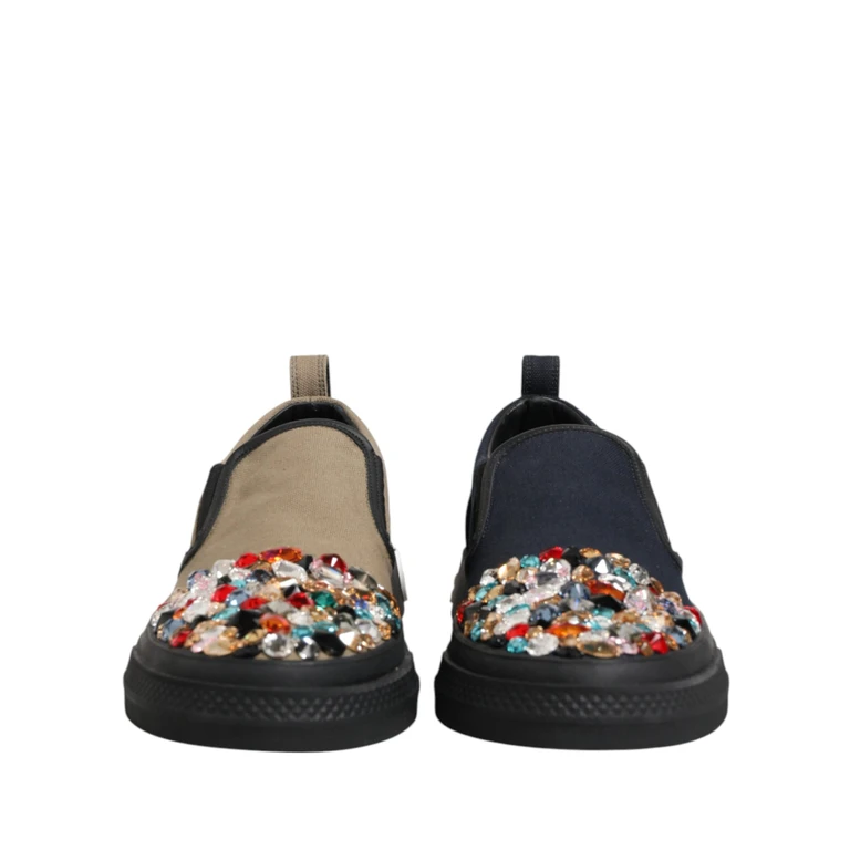 Dolce & Gabbana Blue Canvas Embellished Slip On Men Sneakers Shoes - Men